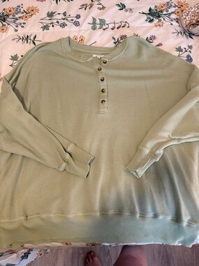 Women’s Light Sage Henley Waffle-Knit Sweater